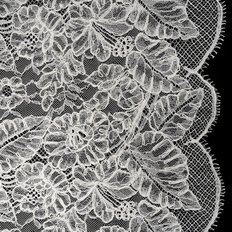 Corded Chantilly Lace with Finished Edges - Ivory Tropical Leaves and Flowers