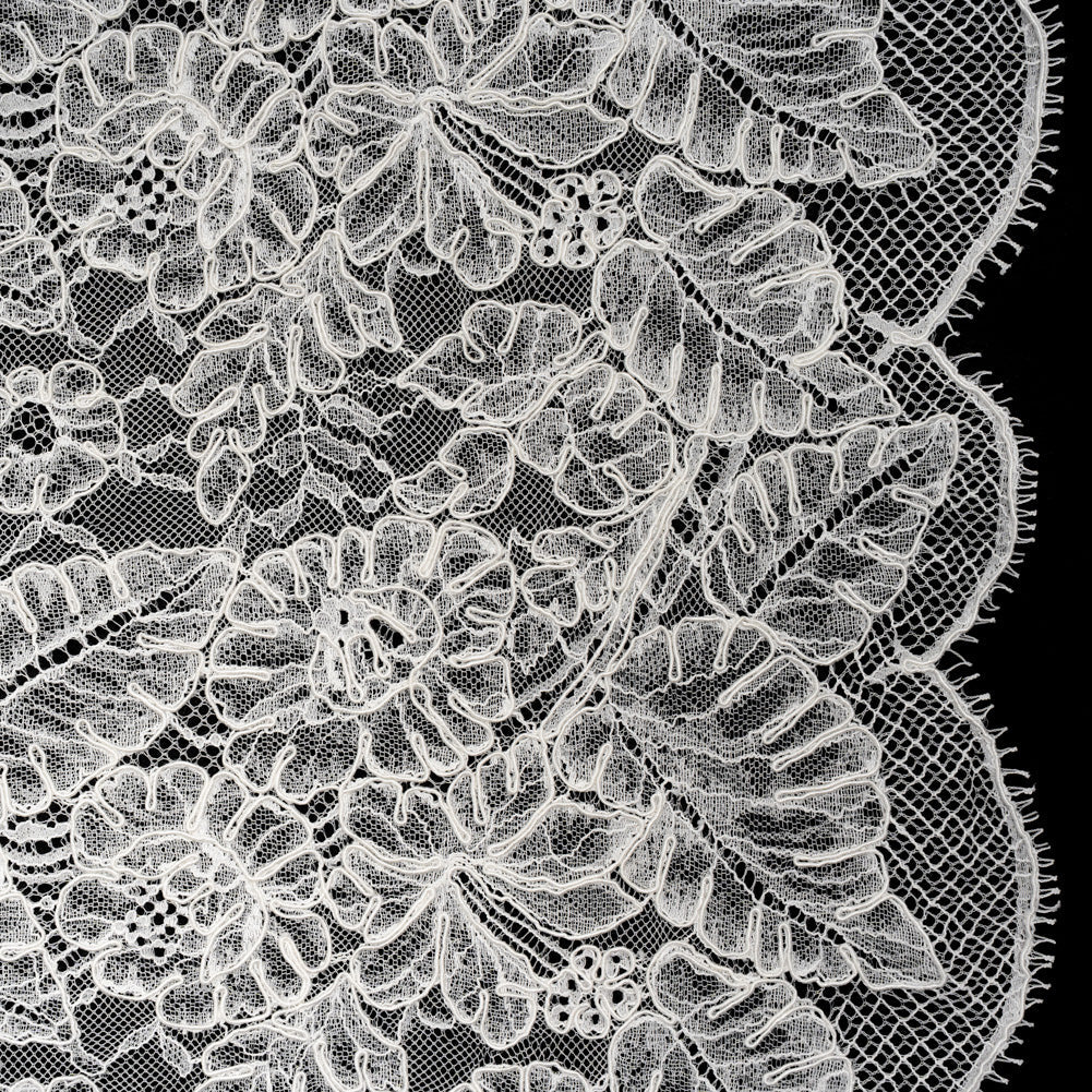 Corded Chantilly Lace with Finished Edges - Ivory Tropical Leaves and Flowers