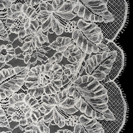 Corded Chantilly Lace with Finished Edges - Ivory Tropical Leaves and Flowers