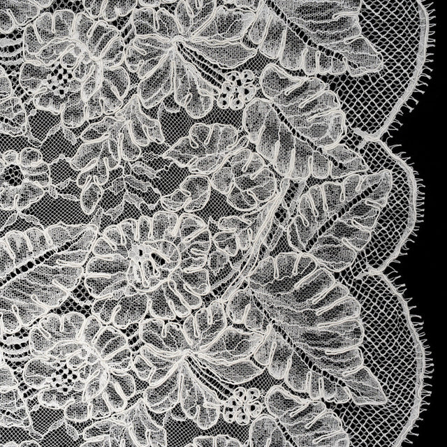 Corded Chantilly Lace with Finished Edges - Ivory Tropical Leaves and Flowers