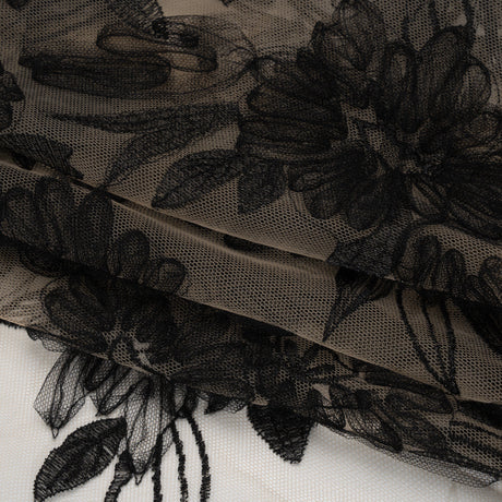 Embroidered Lace with 3D Tulle Applique - Nude and Black Floral