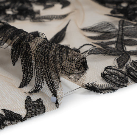 Embroidered Lace with 3D Tulle Applique - Nude and Black Floral