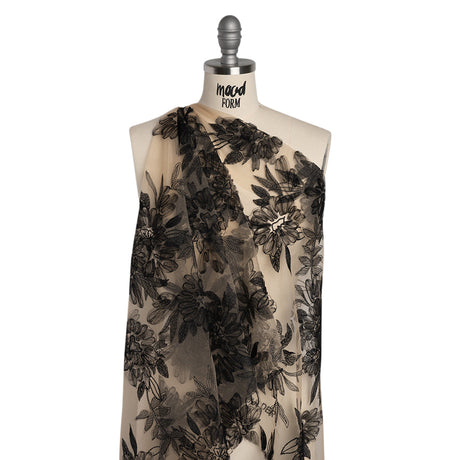 Embroidered Lace with 3D Tulle Applique - Nude and Black Floral