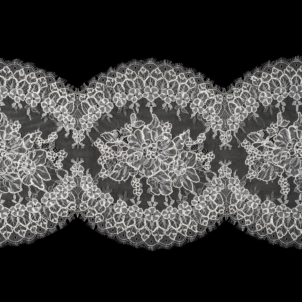 Corded Chantilly Lace with Scalloped Eyelash Edges - 12" - Ivory and White Floral Rings