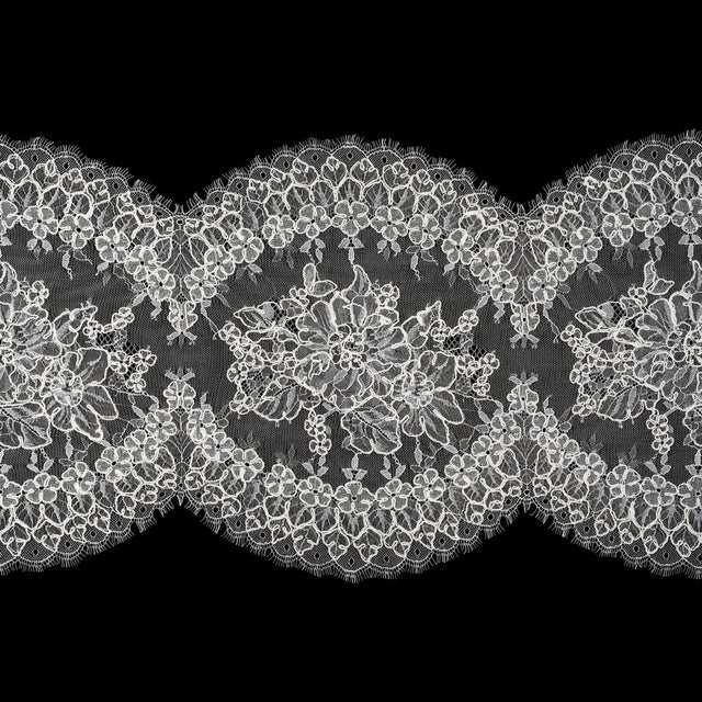 Corded Chantilly Lace with Scalloped Eyelash Edges - 12" - Ivory and White Floral Rings