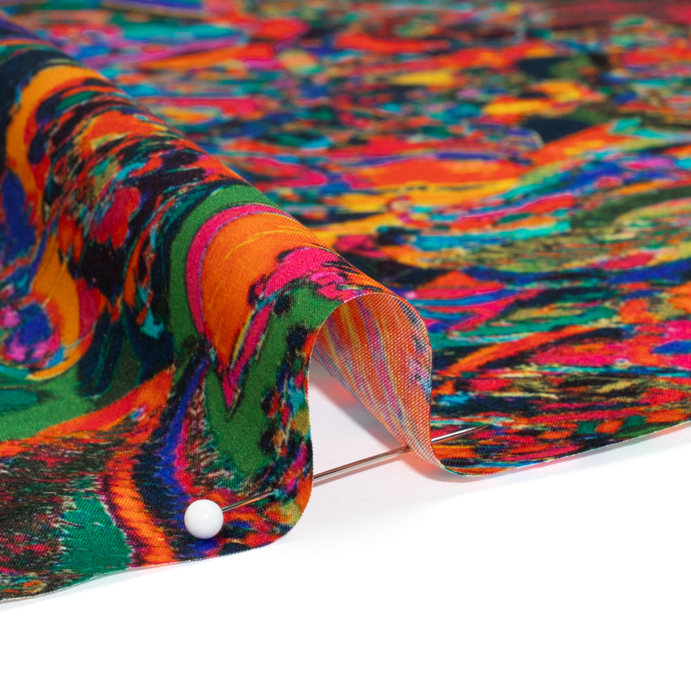 Silk Charmeuse Print - Green, Blue and Orange Sketched Jacobean Floral