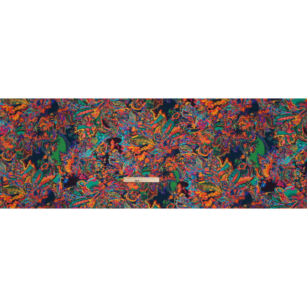 Silk Charmeuse Print - Green, Blue and Orange Sketched Jacobean Floral