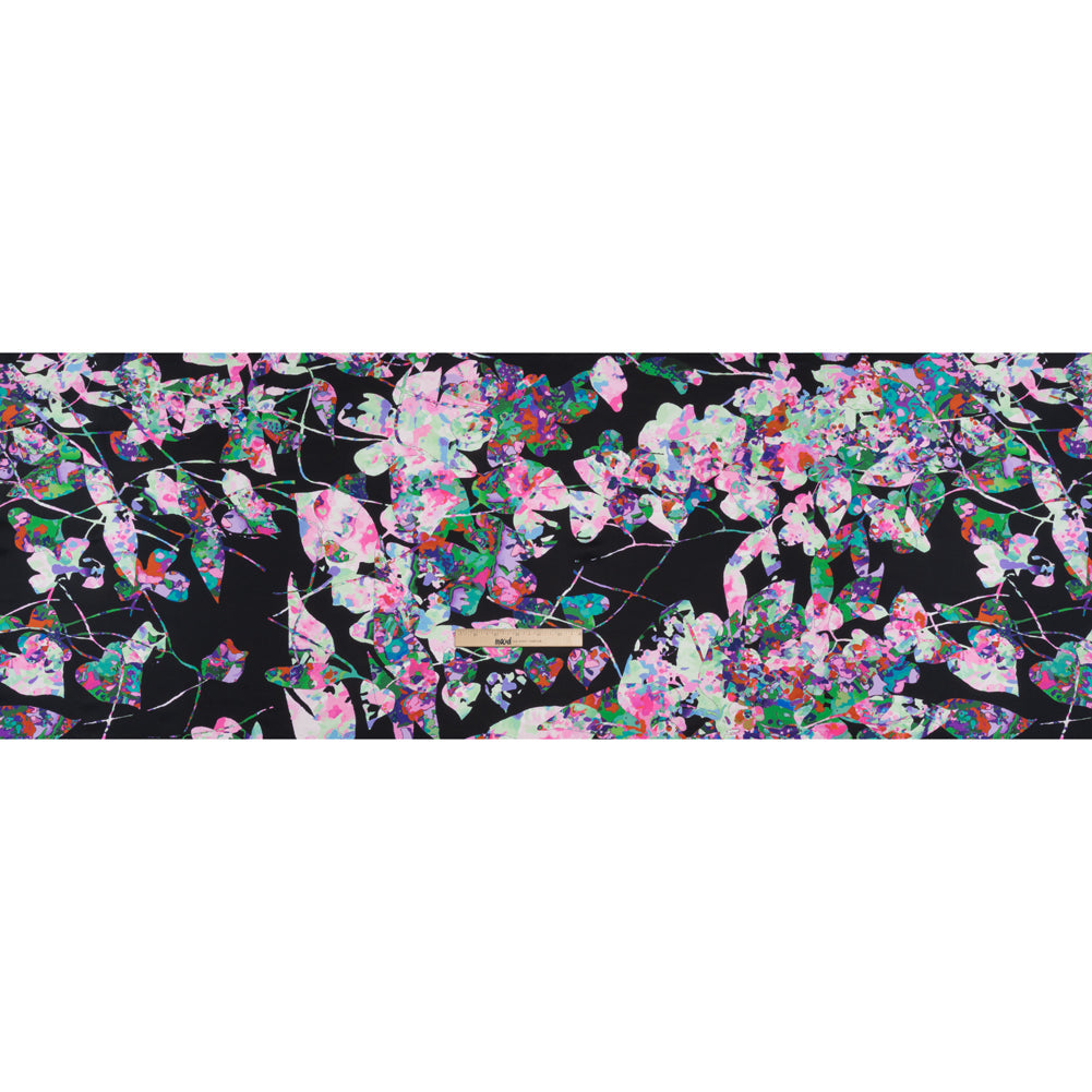 Silk Charmeuse Print - Black, Pink and Green Splatter Painted Florals