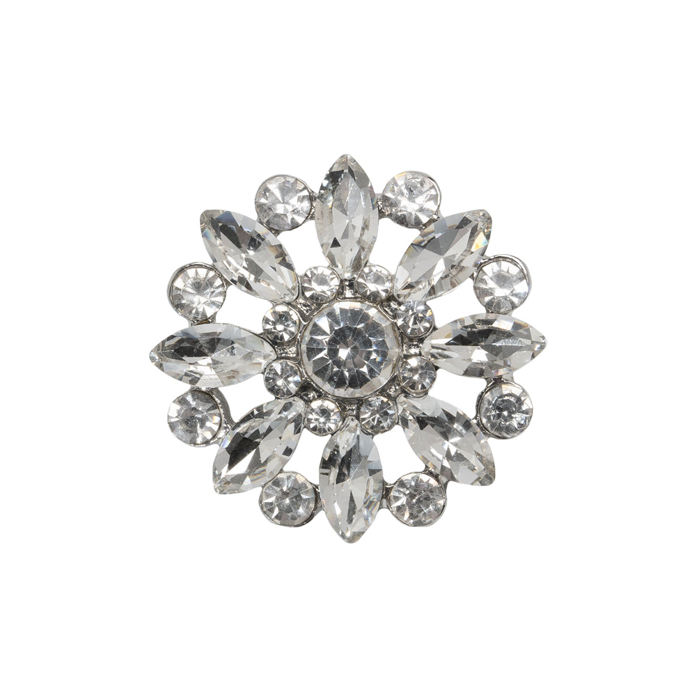 Rhinestone and Metal Shank Back Button - 38L/24mm - Crystal and Nickel-Free Silver Open Flower