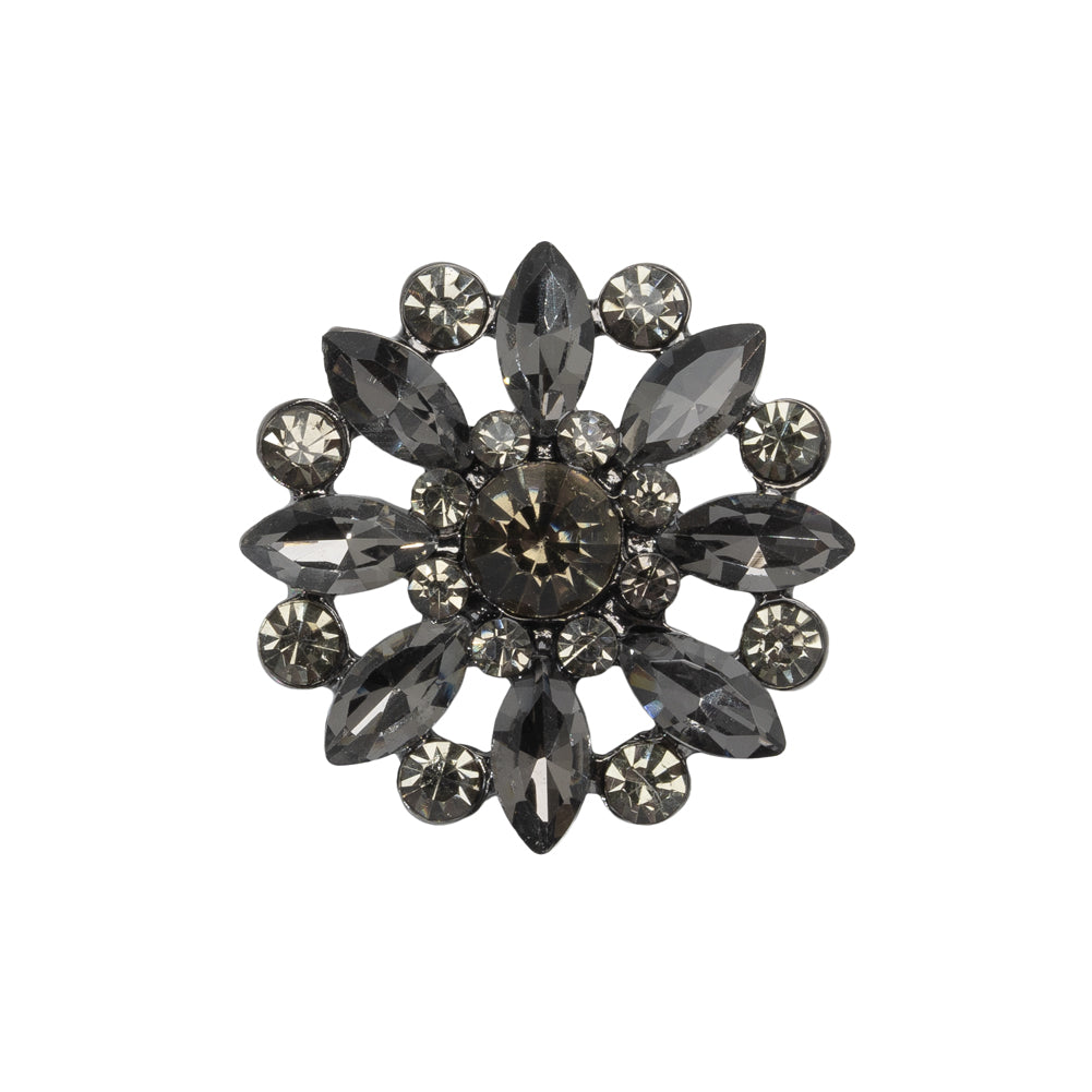 Rhinestone and Metal Shank Back Button - 38L/24mm - Black Diamond and Nickel-Free Silver Open Flower