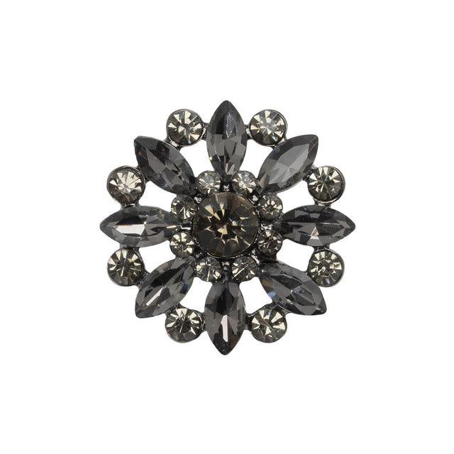 Rhinestone and Metal Shank Back Button - 38L/24mm - Black Diamond and Nickel-Free Silver Open Flower