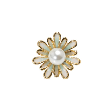Enameled Metal and Pearl Shank Back Button - 30L/19mm - Green, Pearl White, and Gold Flower