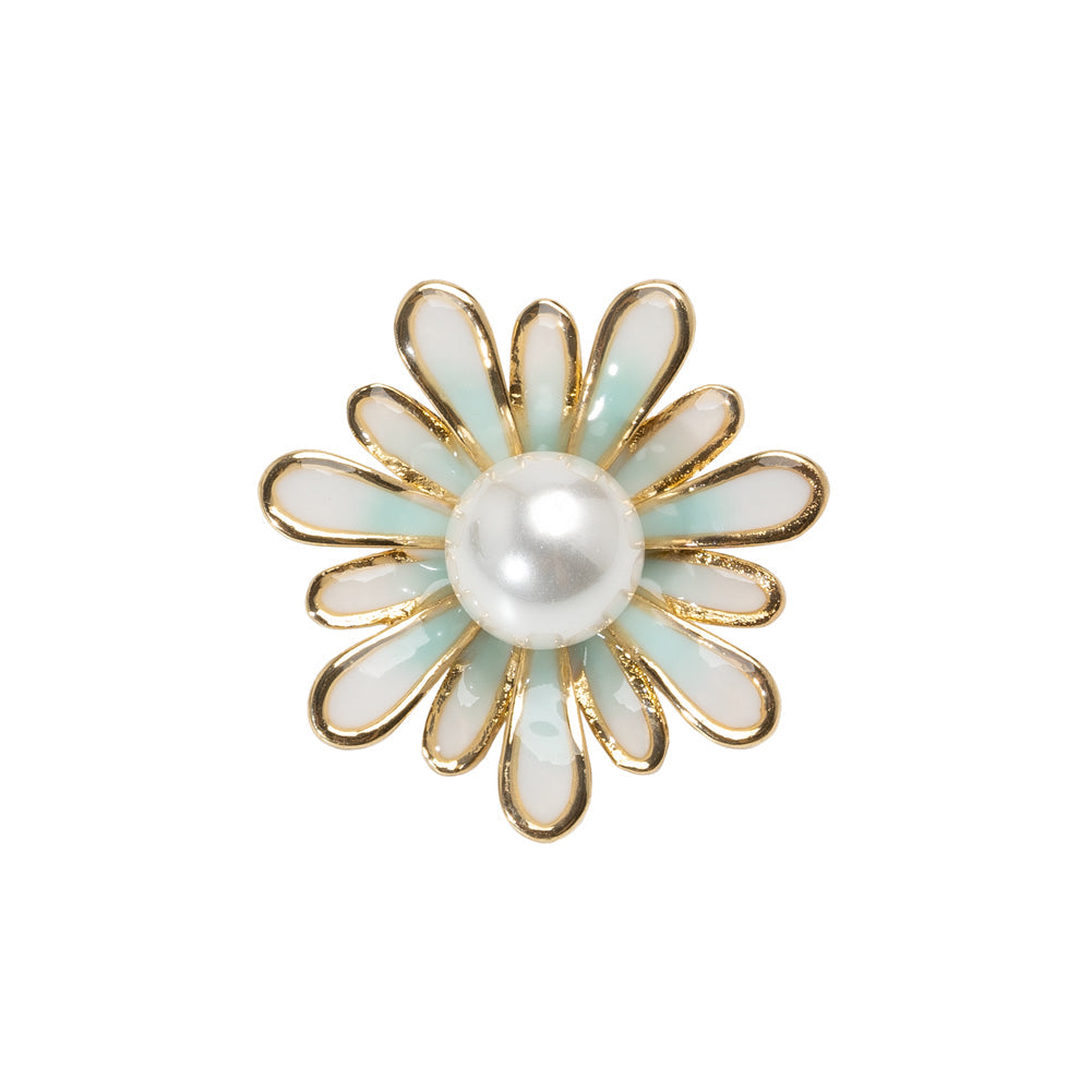 Enameled Metal and Pearl Shank Back Button - 36L/23mm - Green, Pearl White, and Gold Flower