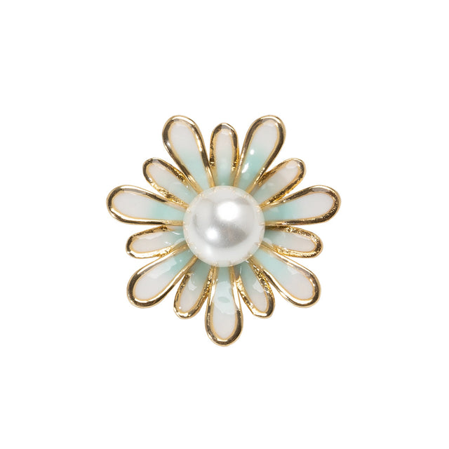 Enameled Metal and Pearl Shank Back Button - 36L/23mm - Green, Pearl White, and Gold Flower