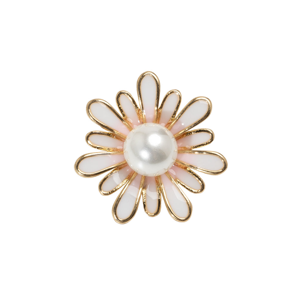 Enameled Metal and Pearl Shank Back Button - 36L/23mm - Pink, Pearl White, and Gold Flower
