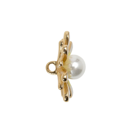 Enameled Metal and Pearl Shank Back Button - 36L/23mm - Yellow, Pearl White, and Gold Flower
