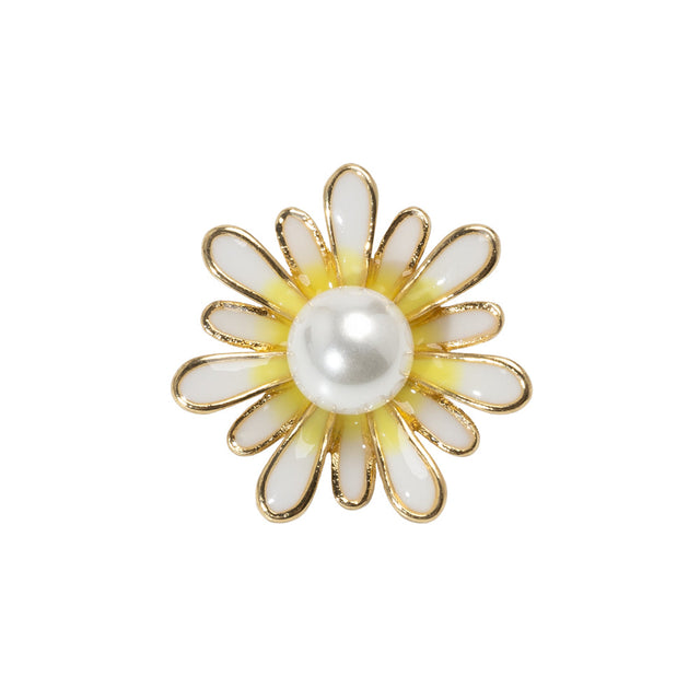 Enameled Metal and Pearl Shank Back Button - 36L/23mm - Yellow, Pearl White, and Gold Flower