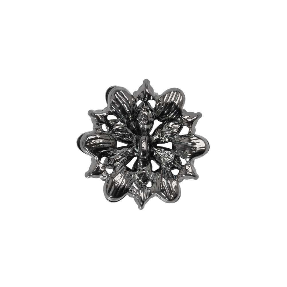 Rhinestone and Metal Shank Back Button - 32L/20mm - Black Diamond and Gunmetal Little Open Flower