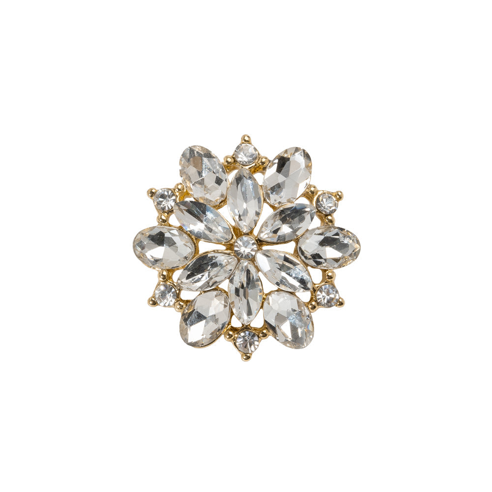 Rhinestone and Metal Shank Back Button - 32L/20mm - Crystal and Gold Little Open Flower