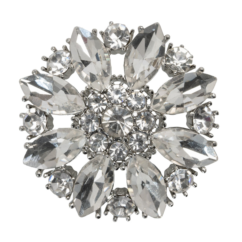 Rhinestone and Metal Shank Back Button - 58L/37mm - Crystal and Nickel-Free Silver Big Open Flower