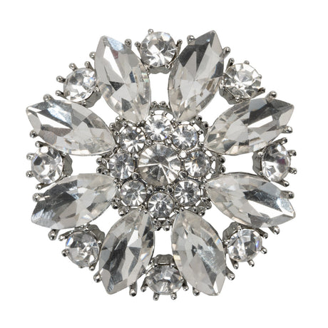 Rhinestone and Metal Shank Back Button - 58L/37mm - Crystal and Nickel-Free Silver Big Open Flower