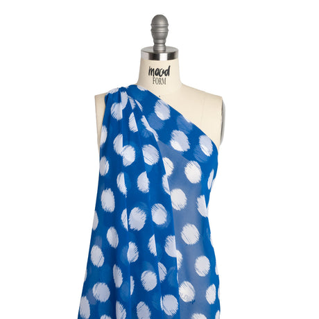 Polyester Chiffon - Bright Blue and White Brushed Polka Dots - Designer Deadstock