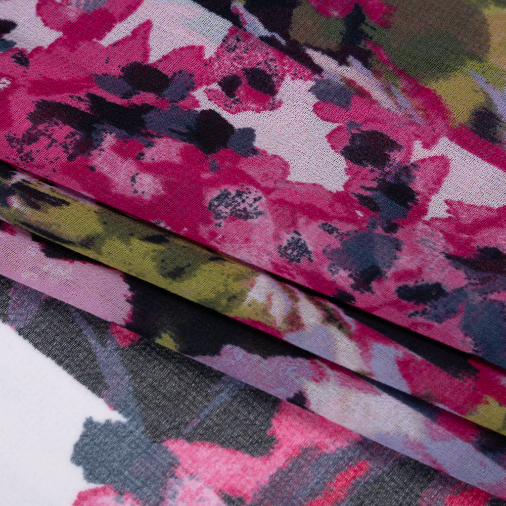 Polyester Georgette Print - Pink, Navy and Olive Green Floral Stripes - Designer Deadstock