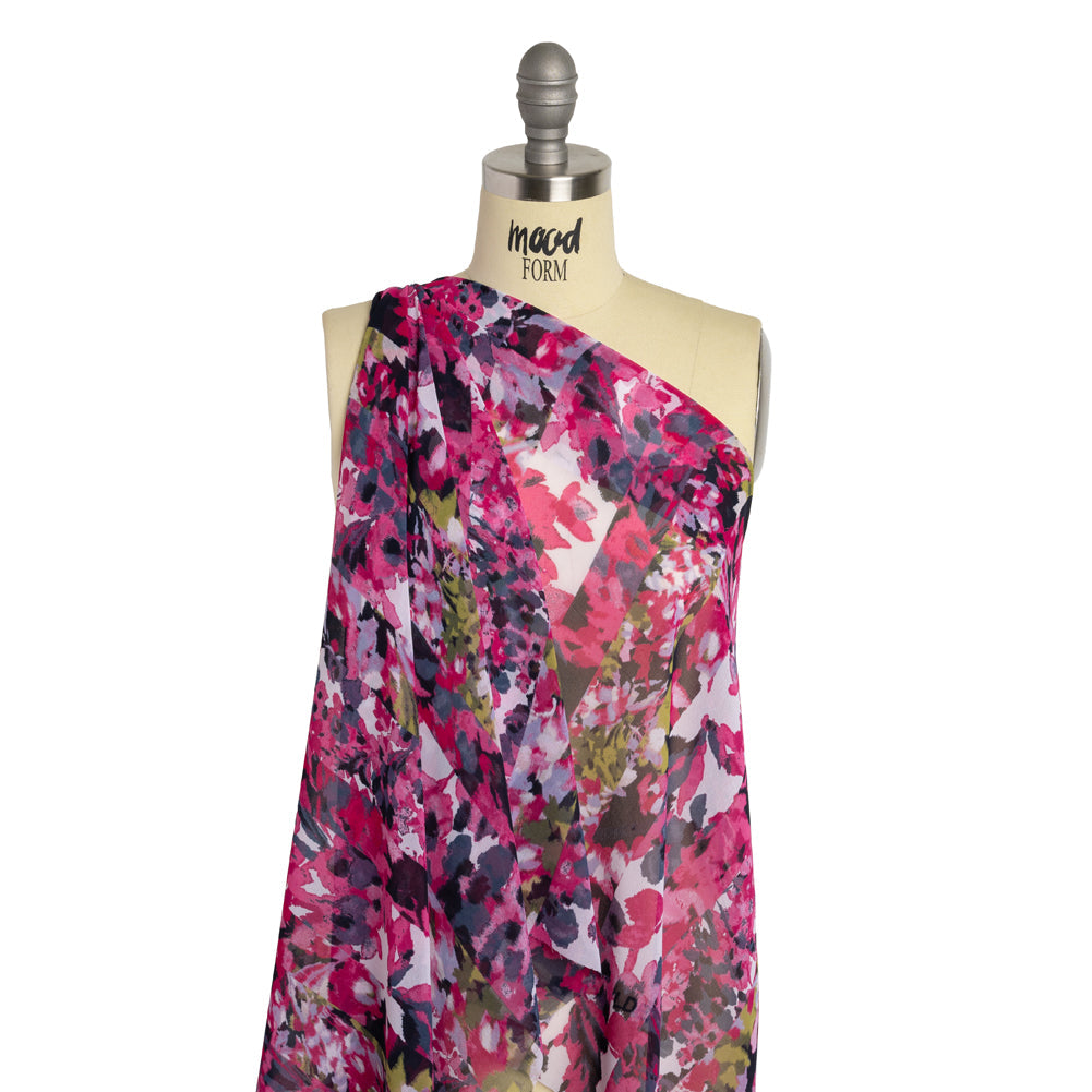 Polyester Georgette Print - Pink, Navy and Olive Green Floral Stripes - Designer Deadstock