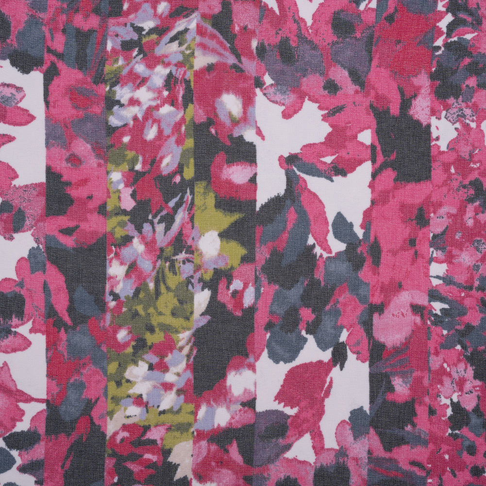 Polyester Georgette Print - Pink, Navy and Olive Green Floral Stripes - Designer Deadstock