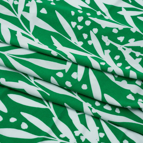 Stretch Polyester Tricot - Kelly Green and White Leafy Stems - Designer Deadstock