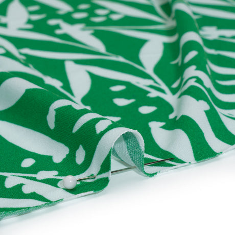 Stretch Polyester Tricot - Kelly Green and White Leafy Stems - Designer Deadstock