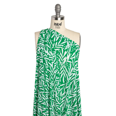 Stretch Polyester Tricot - Kelly Green and White Leafy Stems - Designer Deadstock