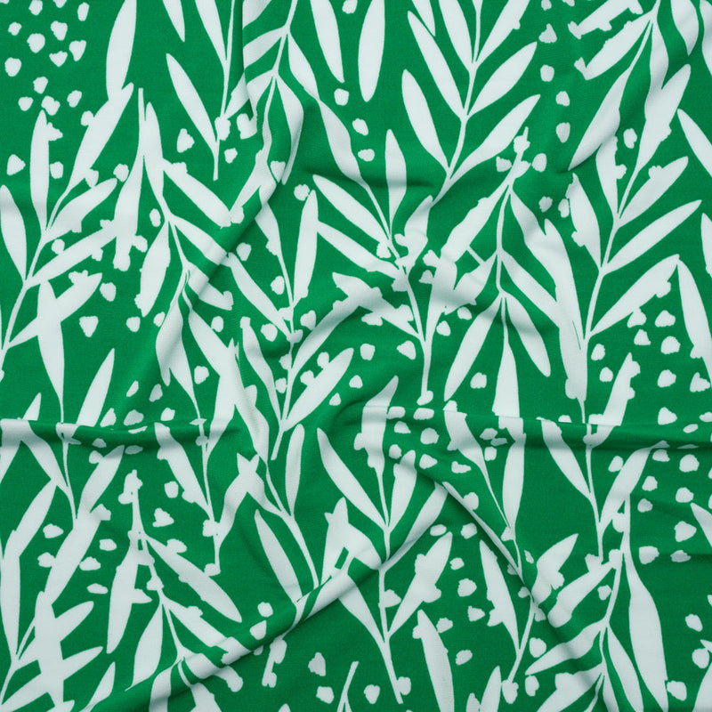Stretch Polyester Tricot - Kelly Green and White Leafy Stems - Designer Deadstock