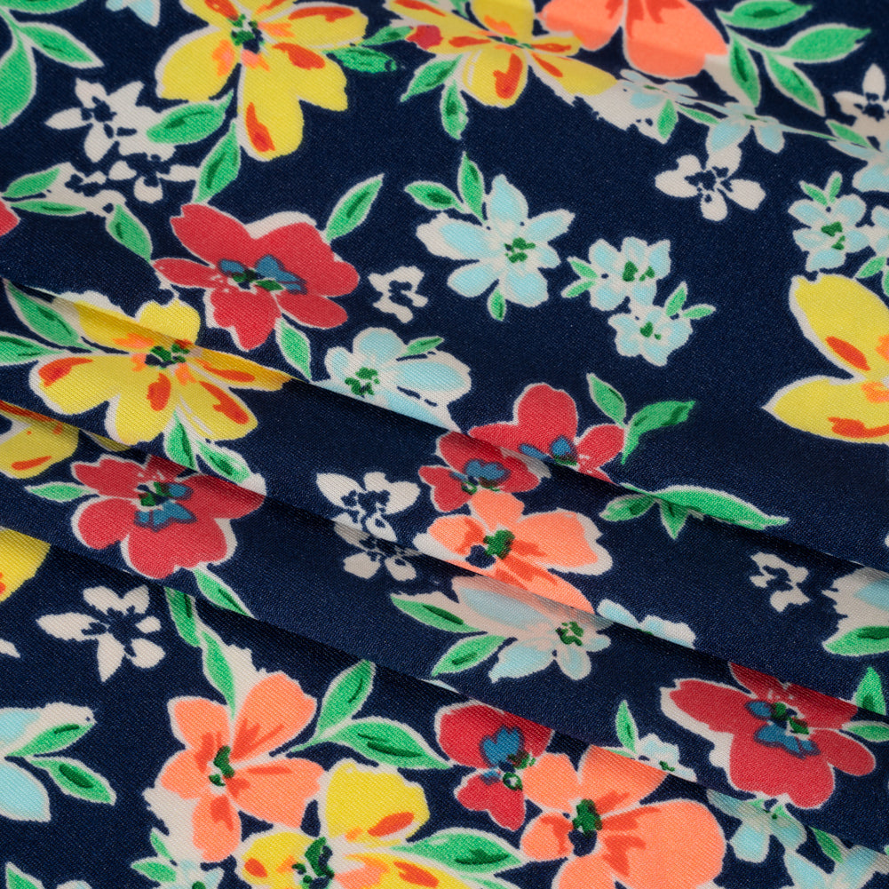 Stretch Polyester Tricot - Navy, Orange and Yellow Floral - Designer Deadstock