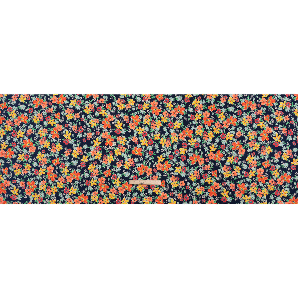 Stretch Polyester Tricot - Navy, Orange and Yellow Floral - Designer Deadstock
