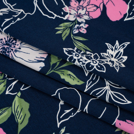 Stretch Polyester Tricot with Puff Print - Navy Blue, Pink and White Floral - Designer Deadstock