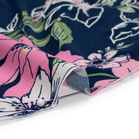 Stretch Polyester Tricot with Puff Print - Navy Blue, Pink and White Floral - Designer Deadstock