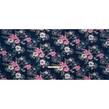 Stretch Polyester Tricot with Puff Print - Navy Blue, Pink and White Floral - Designer Deadstock