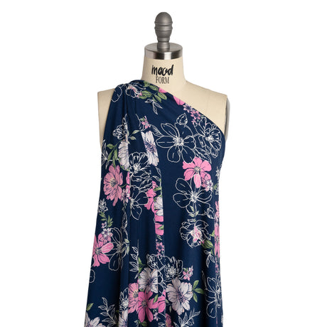 Stretch Polyester Tricot with Puff Print - Navy Blue, Pink and White Floral - Designer Deadstock