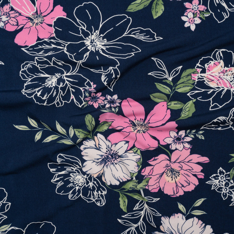 Stretch Polyester Tricot with Puff Print - Navy Blue, Pink and White Floral - Designer Deadstock