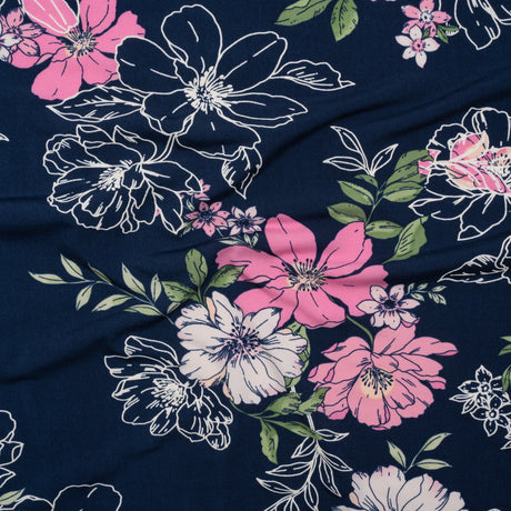 Stretch Polyester Tricot with Puff Print - Navy Blue, Pink and White Floral - Designer Deadstock