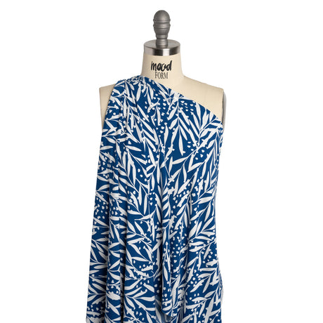 Stretch Polyester Tricot - Dark Blue and White Leafy Stems - Designer Deadstock