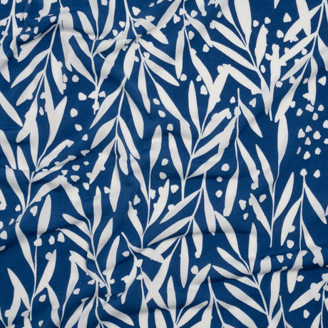 Stretch Polyester Tricot - Dark Blue and White Leafy Stems - Designer Deadstock