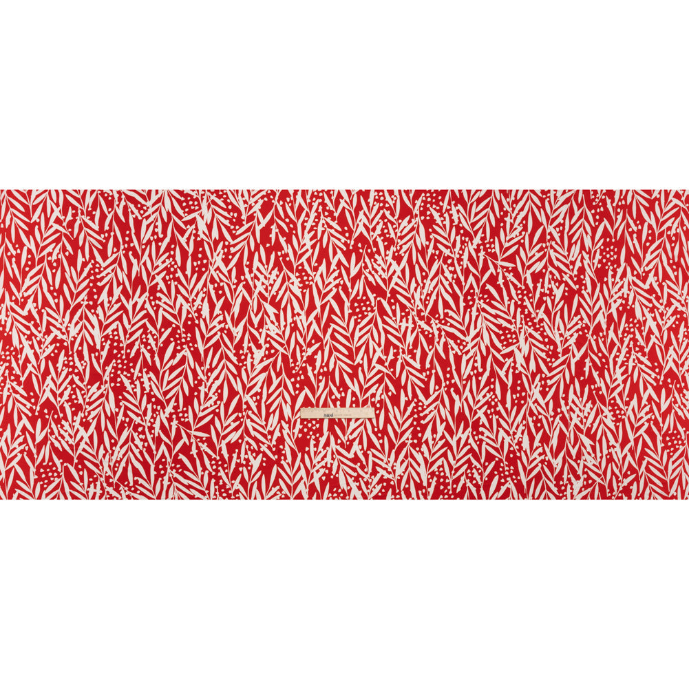 Stretch Polyester Tricot - Scarlet Red and White Leafy Stems - Designer Deadstock