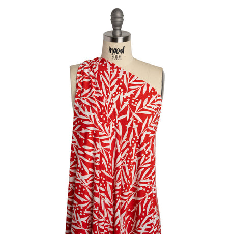 Stretch Polyester Tricot - Scarlet Red and White Leafy Stems - Designer Deadstock