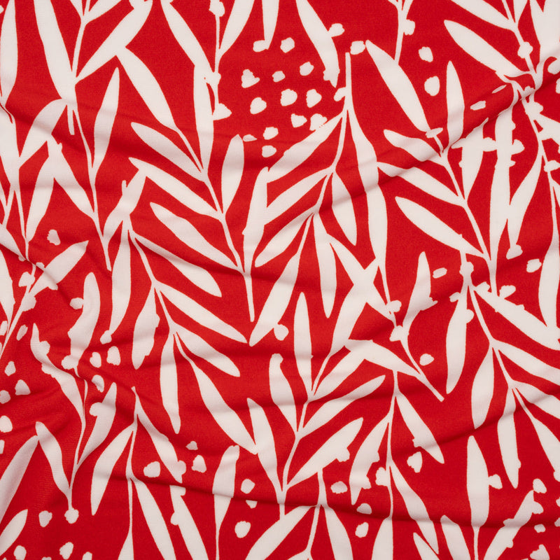 Stretch Polyester Tricot - Scarlet Red and White Leafy Stems - Designer Deadstock