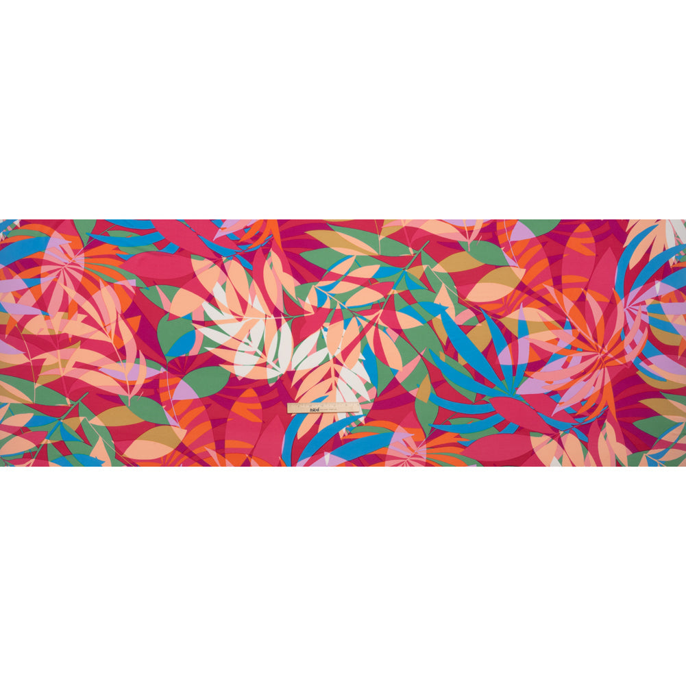 Stretch Polyester Tricot - Magenta, Green and Beige Overlapping Palm Leaves - Designer Deadstock
