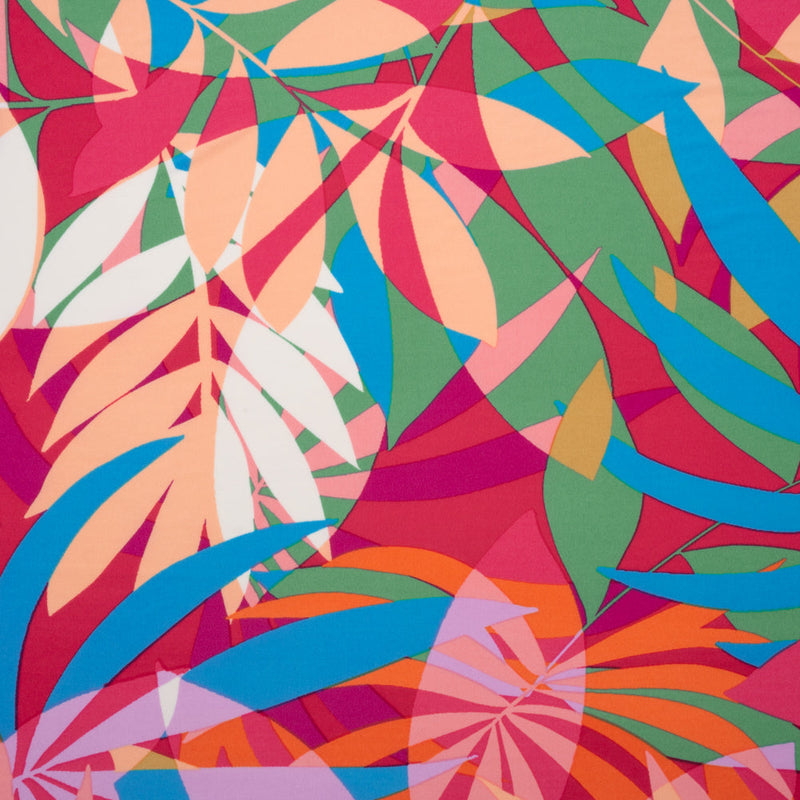 Stretch Polyester Tricot - Magenta, Green and Beige Overlapping Palm Leaves - Designer Deadstock