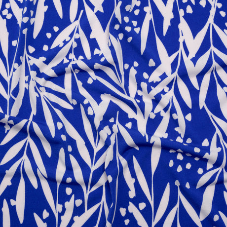 Stretch Polyester Tricot - Cobalt Blue and Off White Leafy Stems - Designer Deadstock