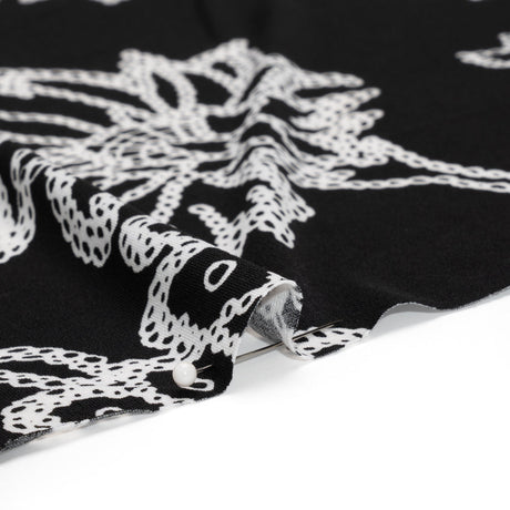 Stretch Polyester Tricot - Black and White Chain Stitch Flowers - Designer Deadstock